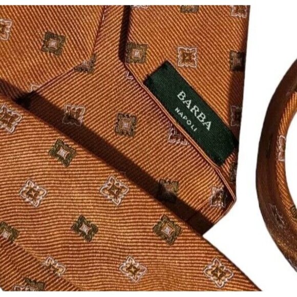 BARBA 7fold Men's 100% Silk Necktie LUXURY Tie Orange Geometric W:4" EUC - Picture 2 of 6